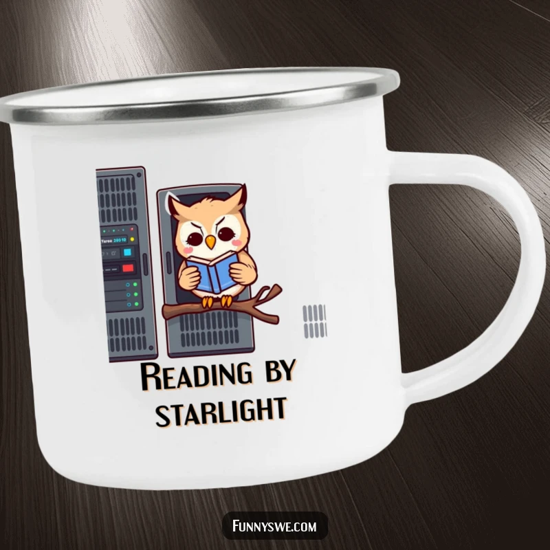 Funny and durable enamel camping mug with a kawaii owl reading a book on a server rack, perfect for humorous outdoor techies.