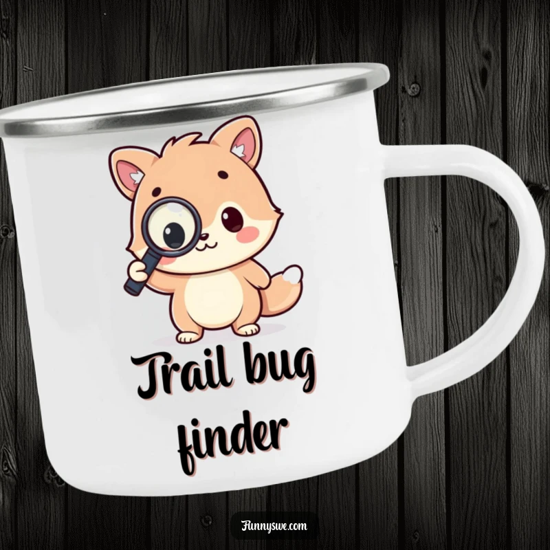 Funny camping mug featuring a kawaii animal character triumphantly studying a line of code with a magnifying glass, ideal for tech enthusiasts.
