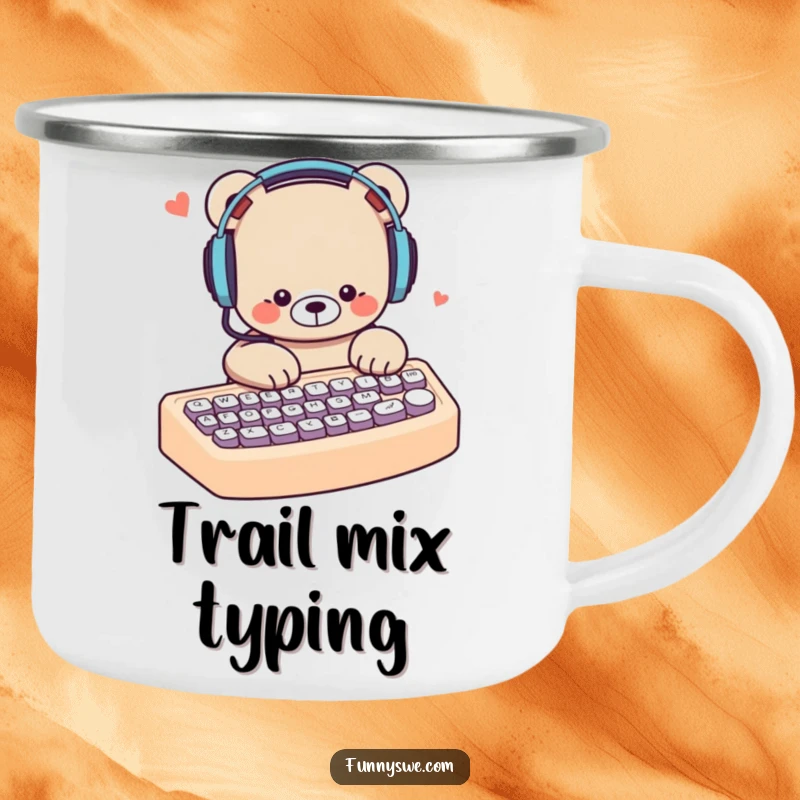 Funny bear wearing headphones, typing on a giant keyboard, a humorous and durable camping mug for outdoor enthusiasts.