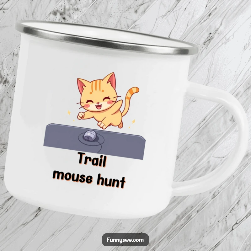 Funny cat energetically chasing a computer mouse cursor across a screen, a humorous and durable camping mug.