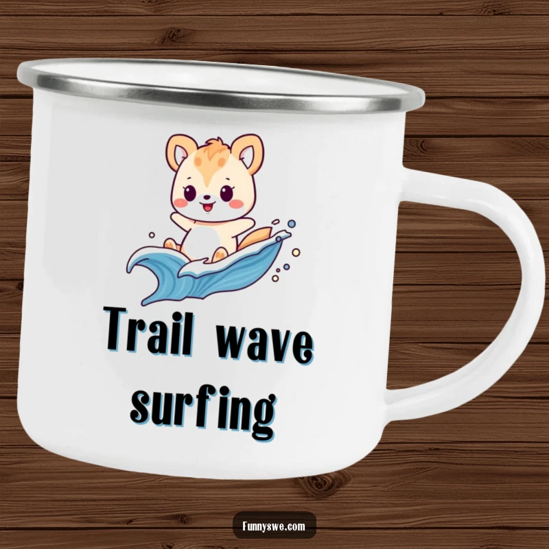 Funny camping mug with a playful animal riding a swooshing wave of digital code, an adventurous tech gift.