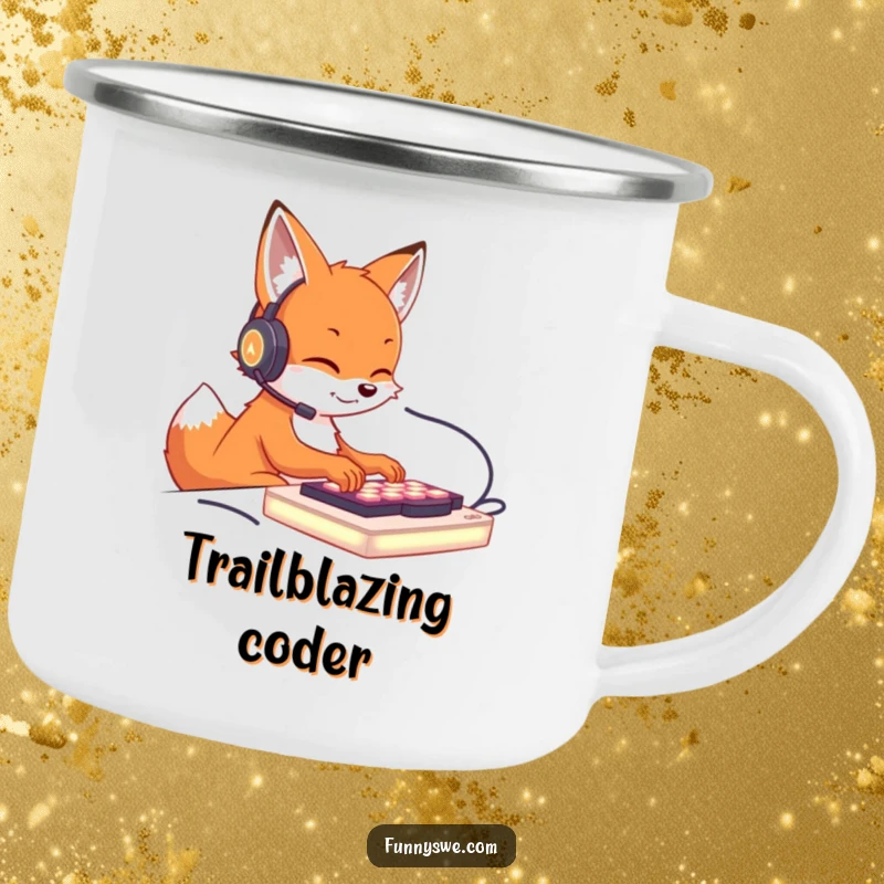 Funny camping mug showing a cute fox wearing a headset, typing on a glowing keyboard, bringing gamer vibes to the outdoors.