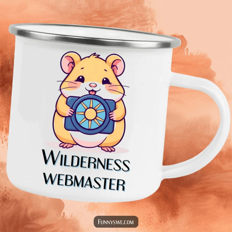 Funny hamster camping mug depicting a happy rodent optimizing a website with a tiny spinner, adding humor to outdoor coding.