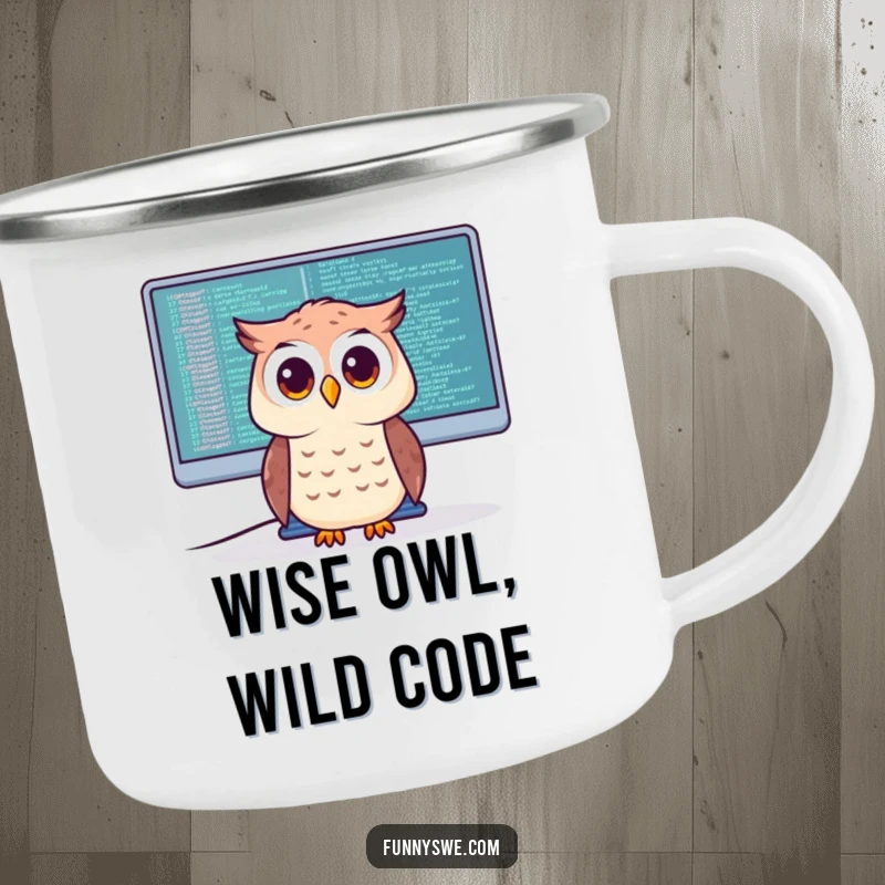 Funny Camping Mug with a curious owl character intently examining code on a giant monitor, ideal for outdoor coding enthusiasts.