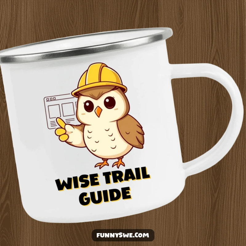 Funny owl in a hard hat pointing at a wireframe on a durable camping mug for strategic outdoor trips.
