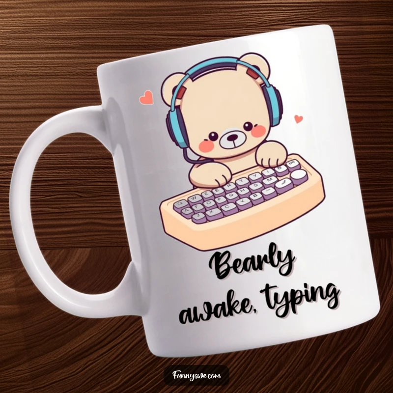 Funny bear wearing headphones, typing fast on a huge keyboard, a humorous mug for intense work or play.