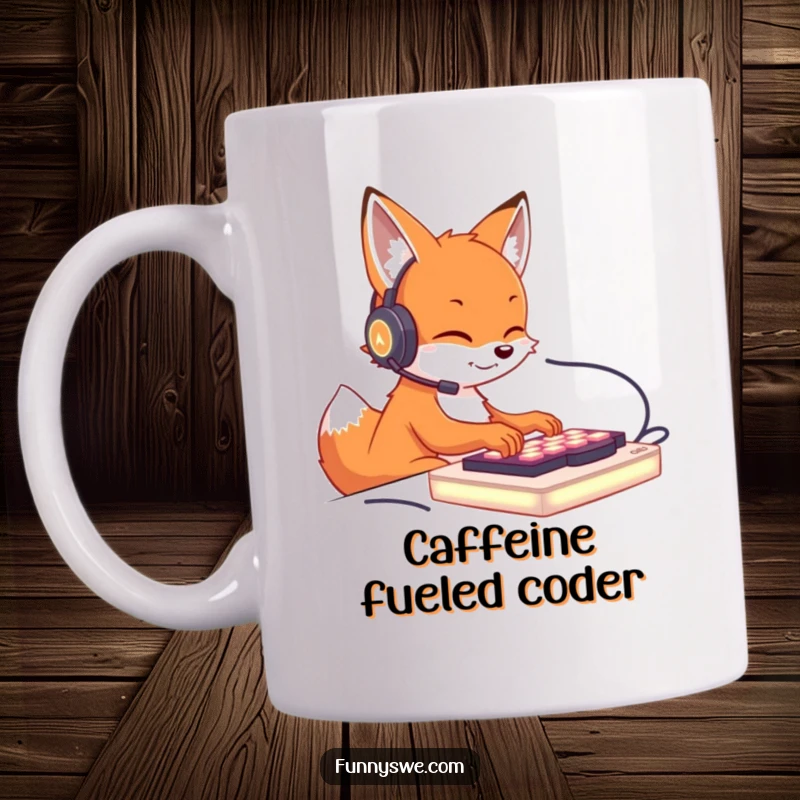 Funny mug showcasing a cute fox character wearing a headset, intensely typing on a glowing keyboard, perfect for gamers.