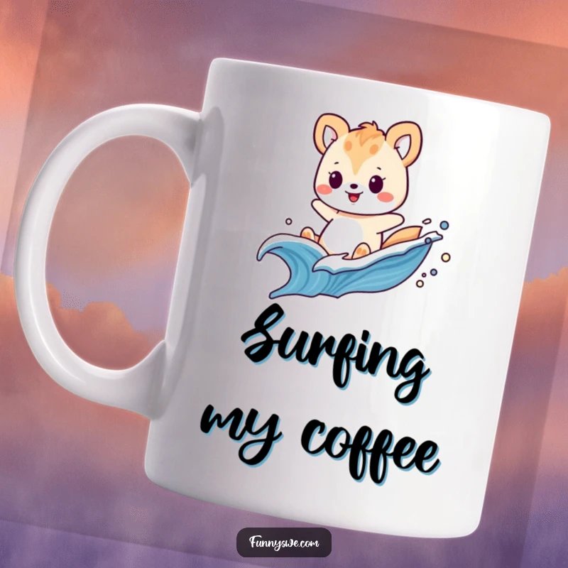 Funny playful animal riding a dynamic wave made of digital code on a mug, a cool tech gift.