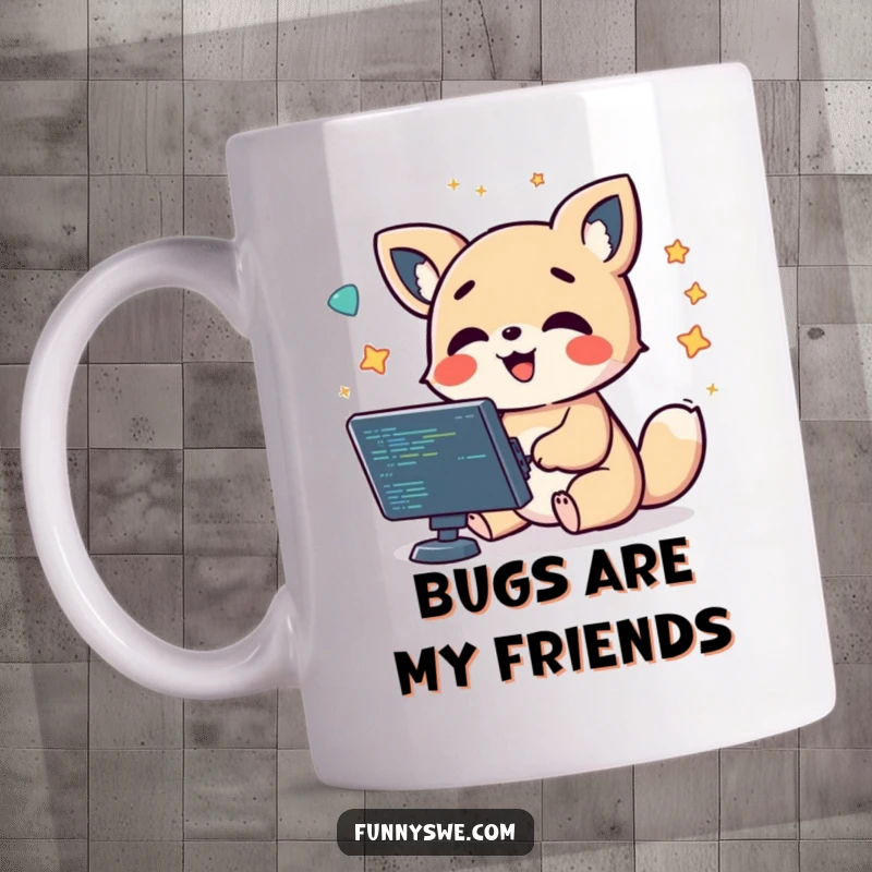 Funny kawaii animal character giggling while debugging code amidst floating symbols, a humorous and relatable design.