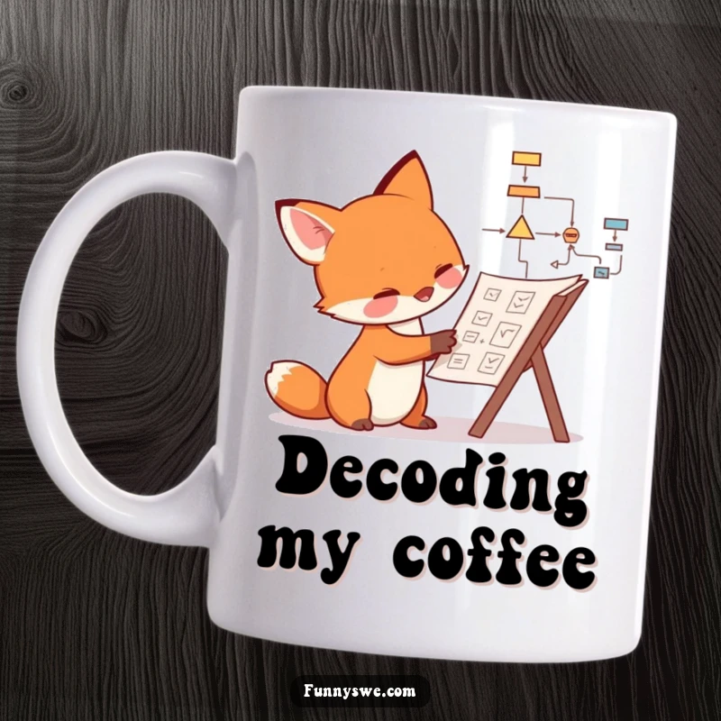 Funny fox mug showing a curious canine examining a complex flowchart, symbolizing thoughtful, humorous problem-solving.