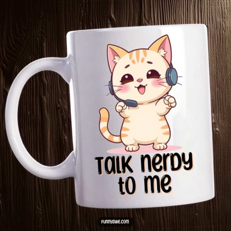 Funny Cat Mug: A playful cat in a headset gestures wildly while pointing at a screen, embodying an enthusiastic gamer, a perfect funny gift.