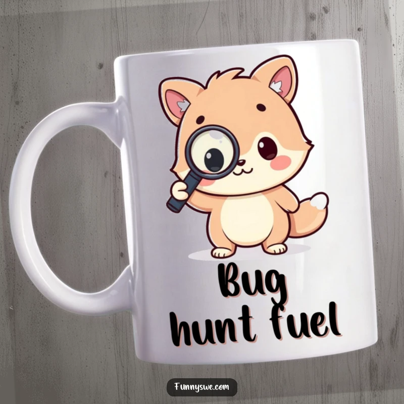 Funny mug with a kawaii animal character triumphantly holding a magnifying glass over a line of code, celebrating a successful debug.