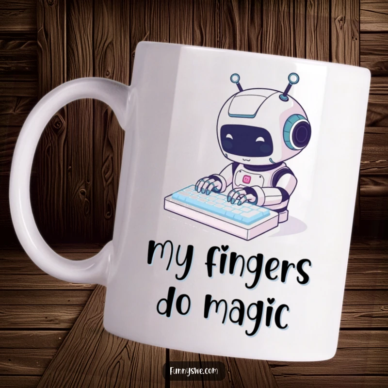 Funny kawaii robot animal character happily typing on a glowing keyboard, smiling with enthusiasm, perfect for tech lovers.