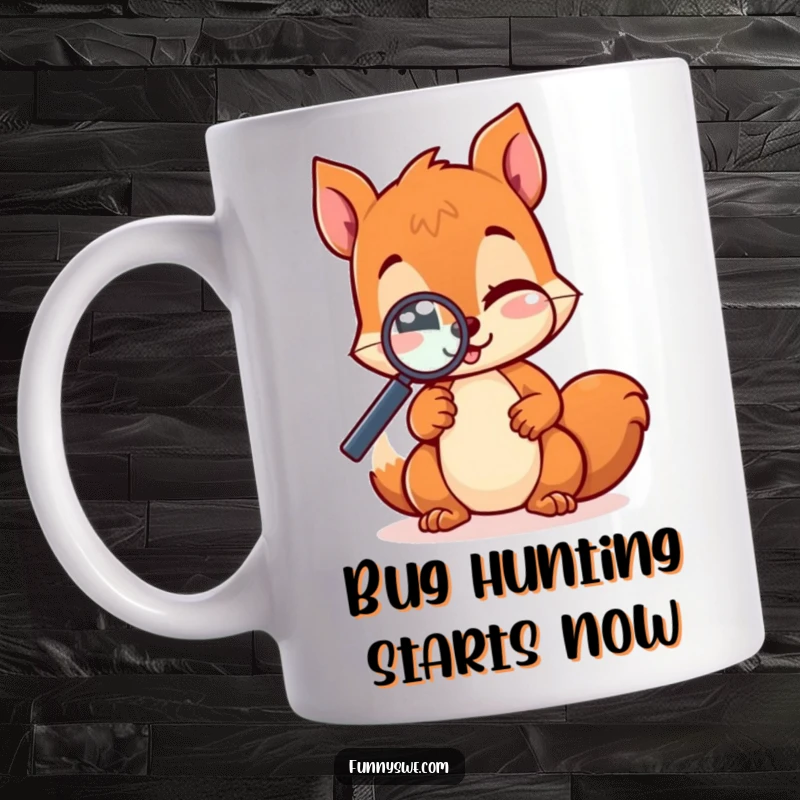 Funny Kawaii squirrel wearing glasses, intensely examining a website with a magnifying glass and a mischievous wink, perfect for tech lovers.