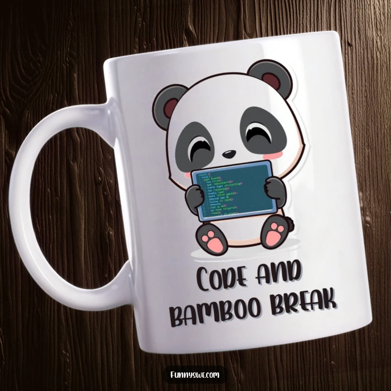 Funny Panda Coder Mug: Playful panda character holding a tablet displaying code, a humorous gift for programmers.