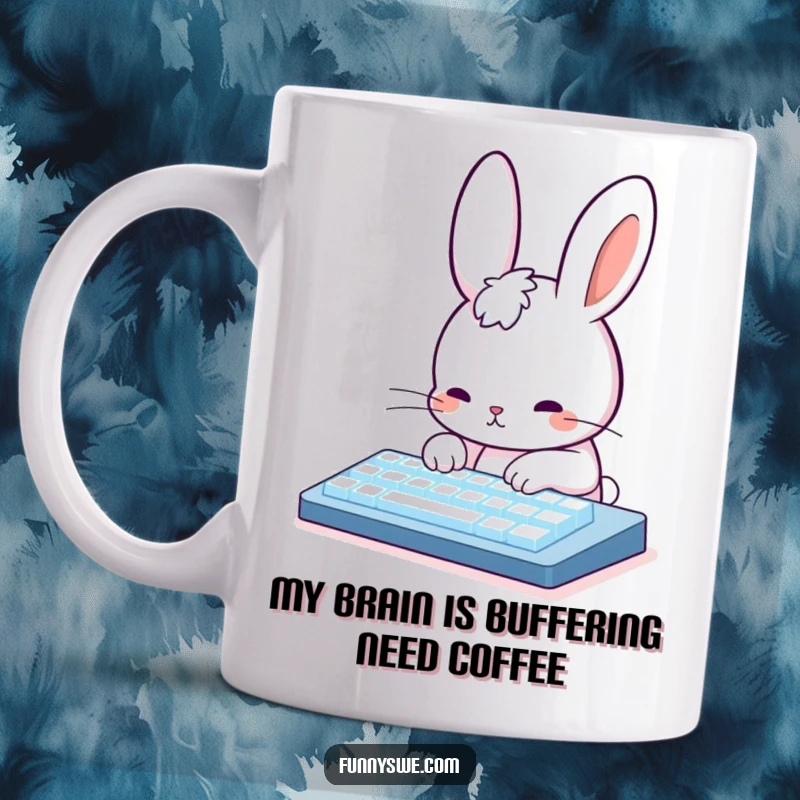 Funny Rabbit Coder Mug: Cute rabbit character typing furiously on a glowing keyboard, representing programming passion and humor.