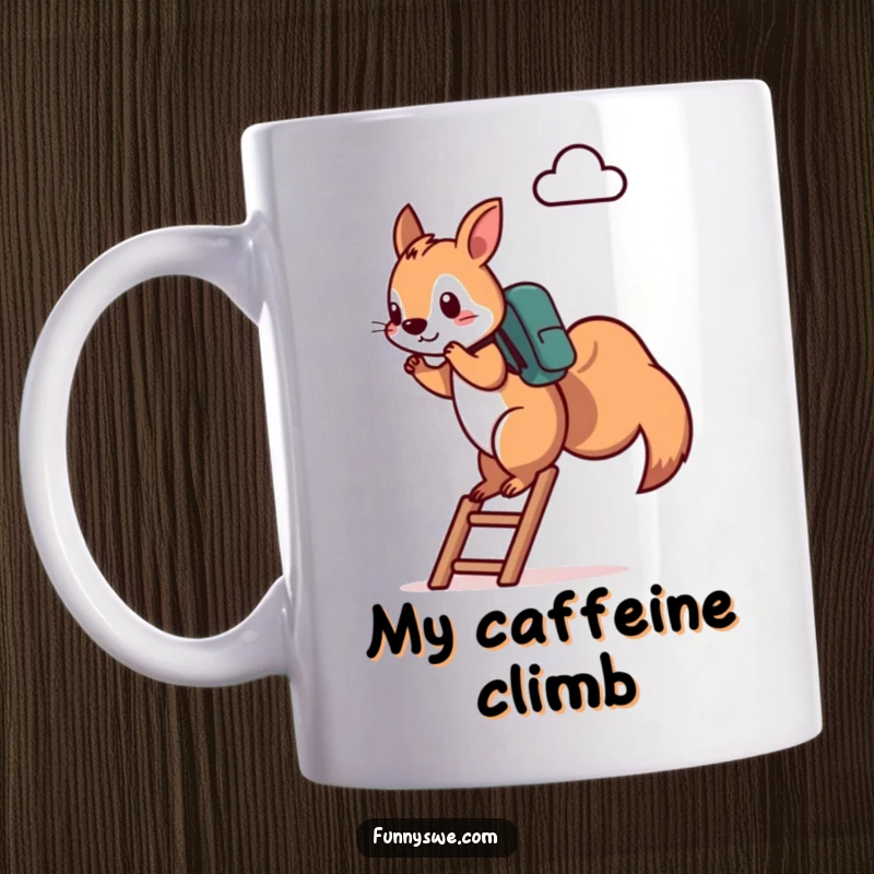 Funny Squirrel Mug: A determined squirrel with a backpack climbs a ladder towards a cloud icon, representing tech ambition, a great funny gift.