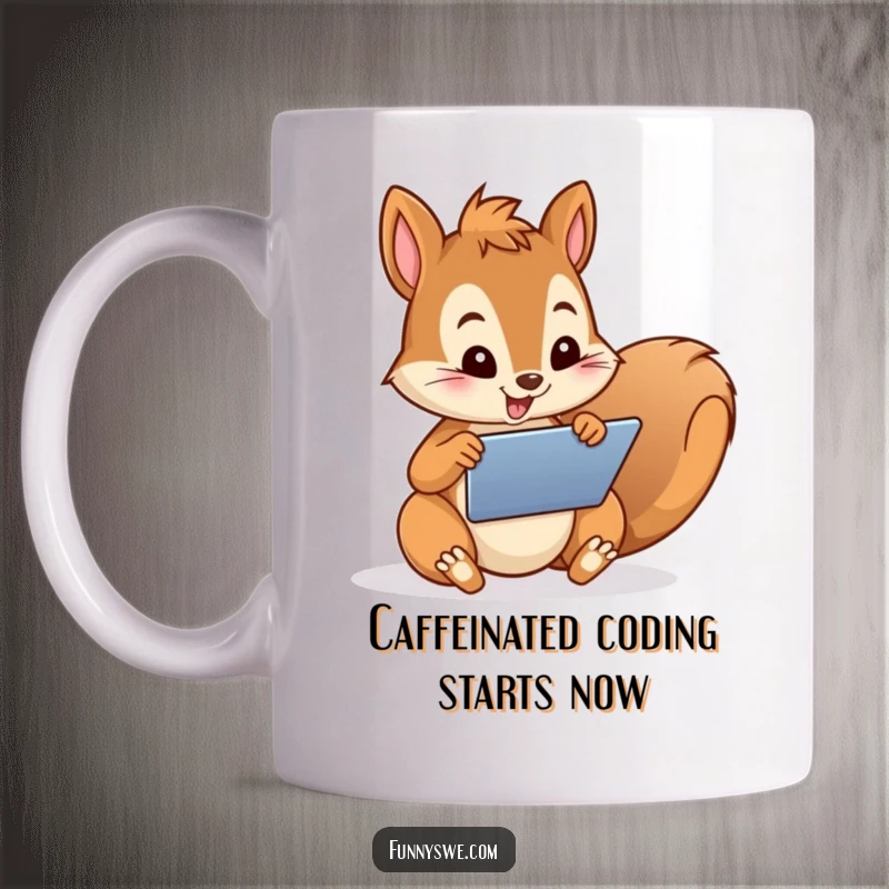 Funny Mug depicting a playful squirrel character enthusiastically designing a website on a tablet, showcasing tech creativity with humor.
