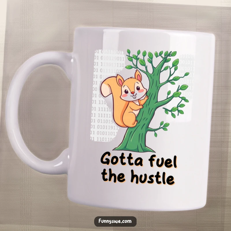Funny Squirrel Binary Code Mug: An energetic squirrel climbs a tree made of 0s and 1s, symbolizing coding fun and humor.
