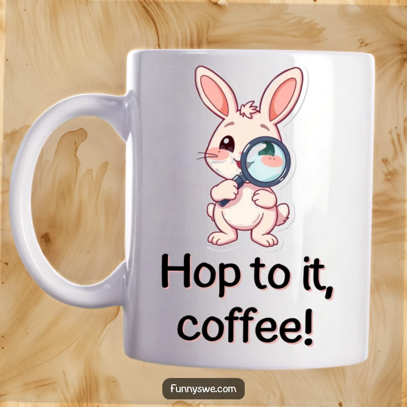 Funny Mug depicting a bouncing bunny character intently examining with a debugging magnifying glass, symbolizing persistence and bug hunting.