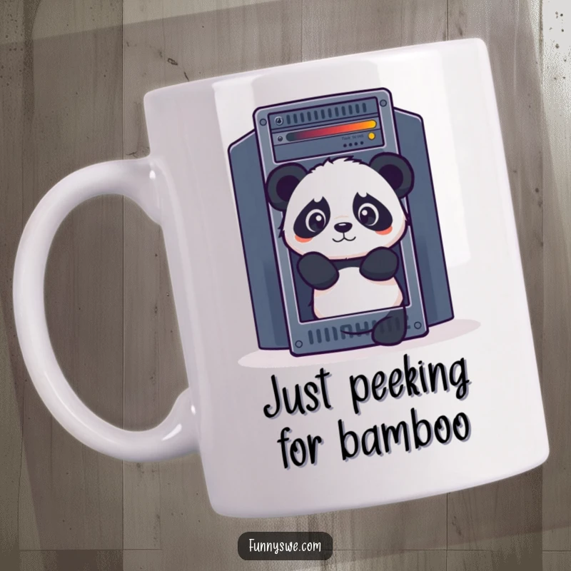 Funny Panda mug, curiously peeking out from behind a giant server rack, ideal for IT professionals.
