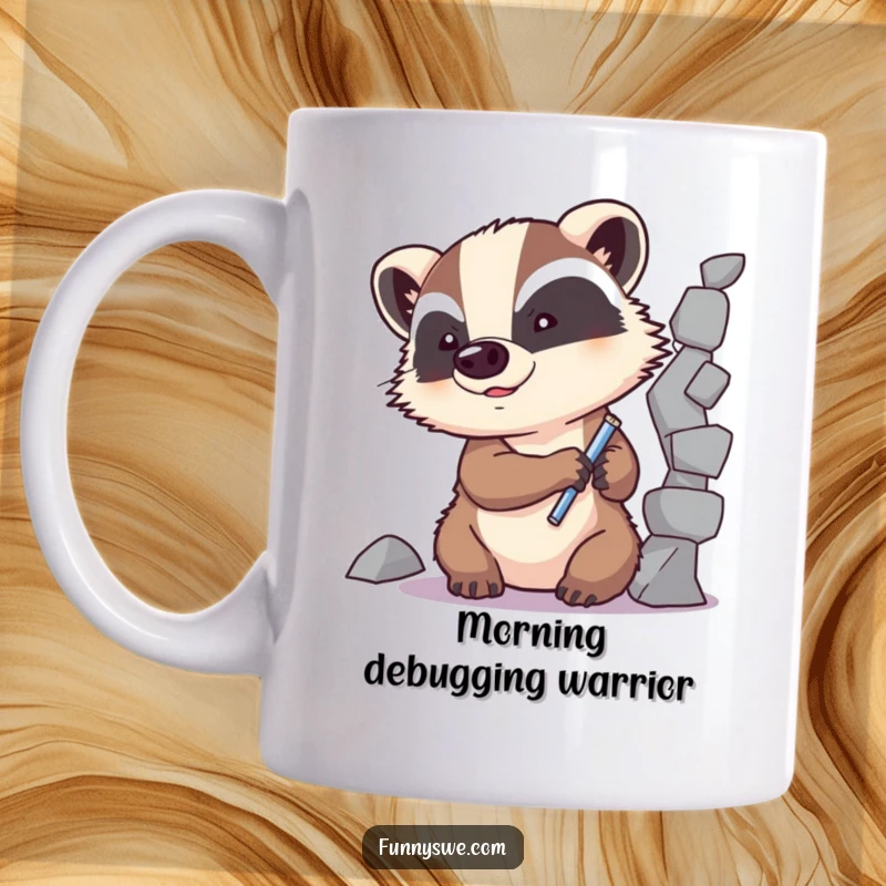 Funny Badger Code Fixer Mug: A determined badger character skillfully repairs a fractured line of code, symbolizing debugging resilience.