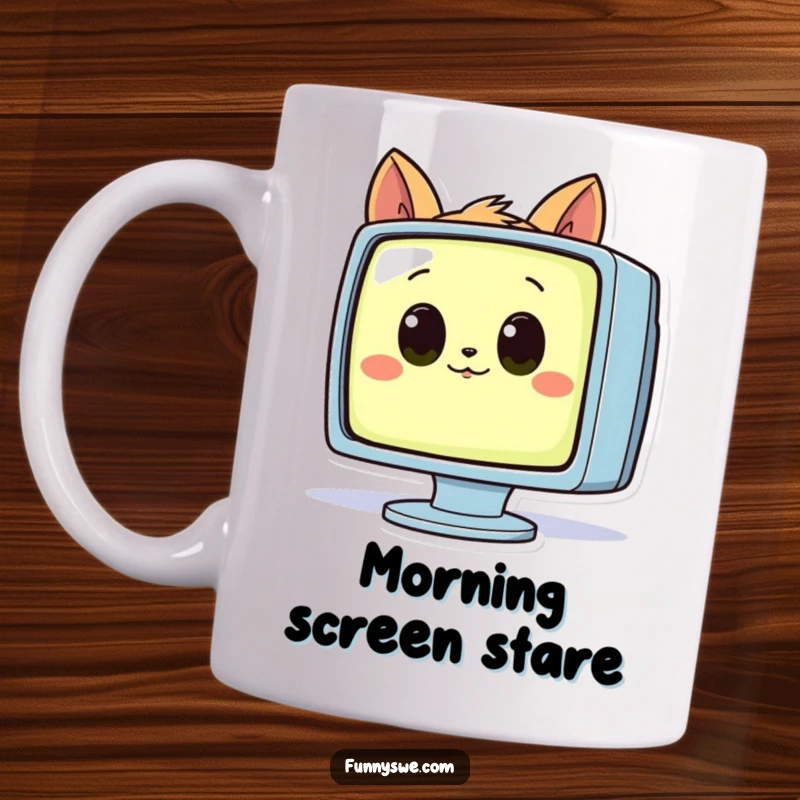 Funny curious animal with big eyes inspecting a glowing computer monitor on a mug, a fascinating gift.