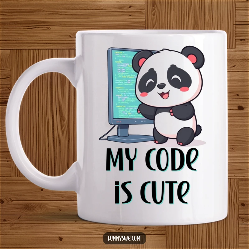 Funny mug with a cute Kawaii panda joyfully pushing lines of code into a large computer monitor with a mischievous grin.