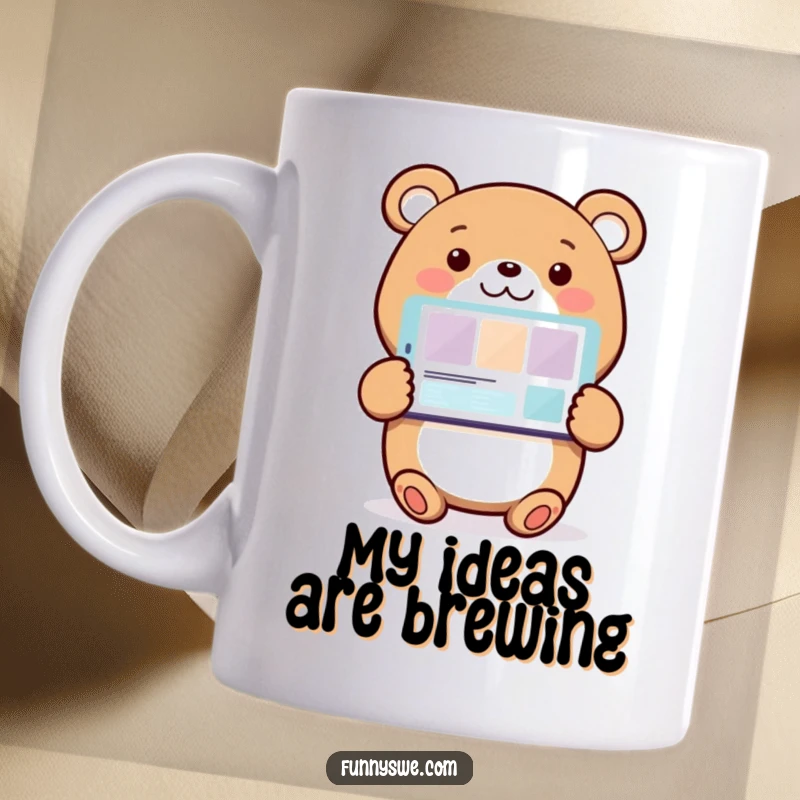 Funny Bear Web Designer Mug: A smiling bear character enthusiastically presents a colorful website design on a laptop screen, exuding joy.