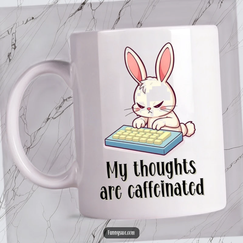 Funny bunny programmer furiously typing on a glowing keyboard, radiating intense concentration, perfect for a tech gift.