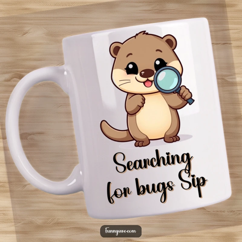 Funny Otter Debugger Mug: Happy otter character using a magnifying glass to debug code, a humorous gift for techies.