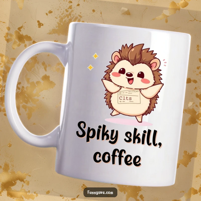 Funny kawaii hedgehog displaying website code with a flourish and a happy dance, perfect for programmers and hedgehog lovers.