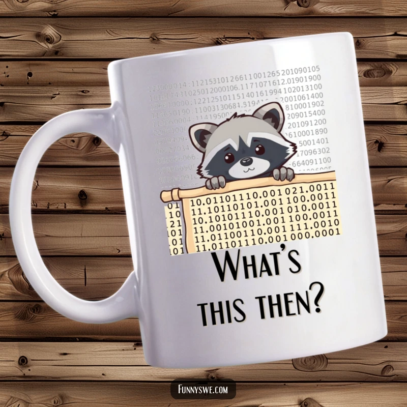 Funny raccoon coder mug, a curious raccoon peeking over a tall wall of scrolling computer code with wide eyes.