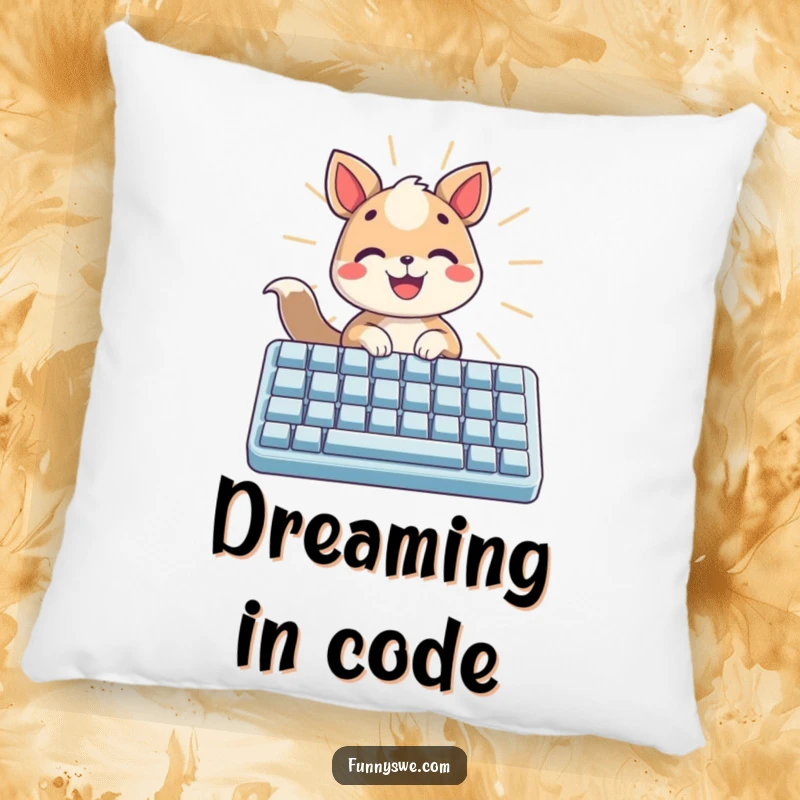 Funny pillow featuring a joyful animal typing on a luminous keyboard, radiating light, a cozy gift.