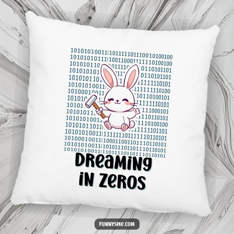 Funny happy bunny with a tiny hammer, working on binary code, featured on a cozy pillow.