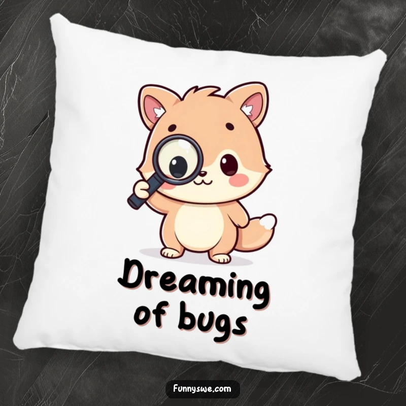 Funny pillow with a kawaii animal character triumphantly examining a line of code with a magnifying glass, perfect for cozy coding comfort.