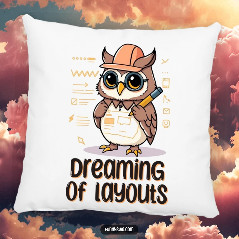 Funny pillow design of a Kawaii owl architect drawing a website layout with a glowing stylus, ideal for creative comfort.