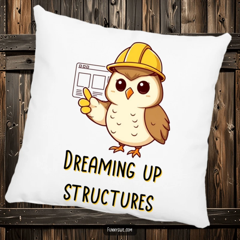 Funny cheerful owl in a hard hat, pointing at a website wireframe on a cozy pillow.