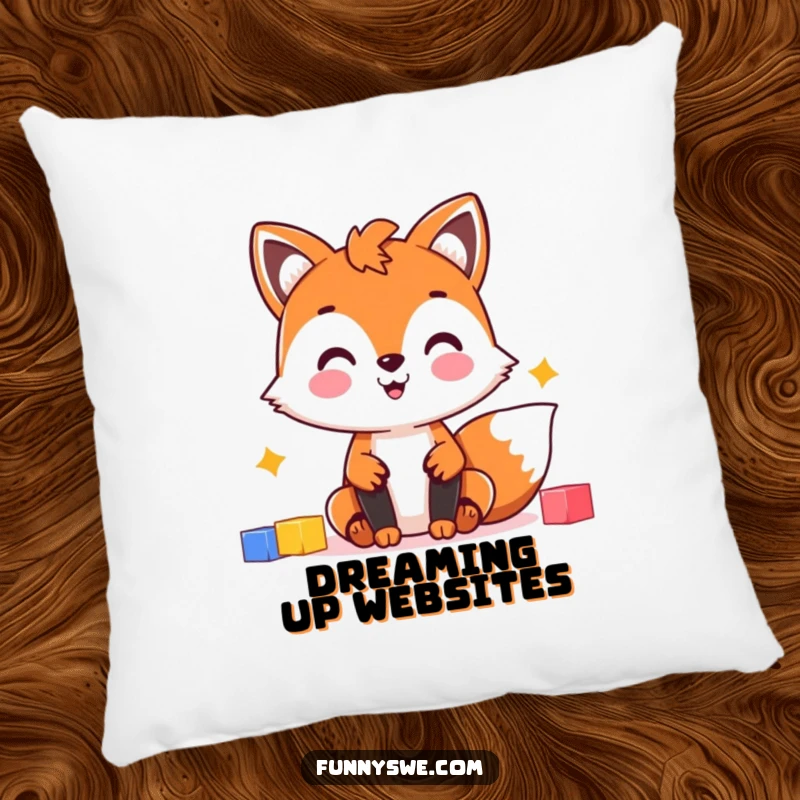 Funny Fox Web Dev Pillow: Cheerful fox character building a website, soft and humorous decor for creative spaces.