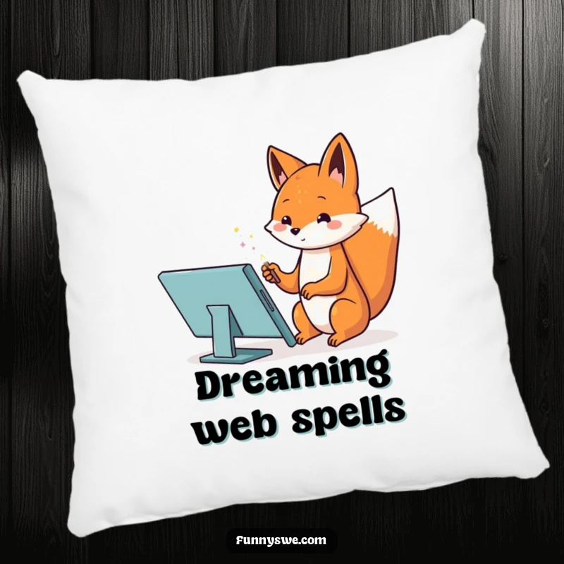 Funny pillow with a Kawaii fox magically designing a website on a tablet, soft and whimsical decorative item.