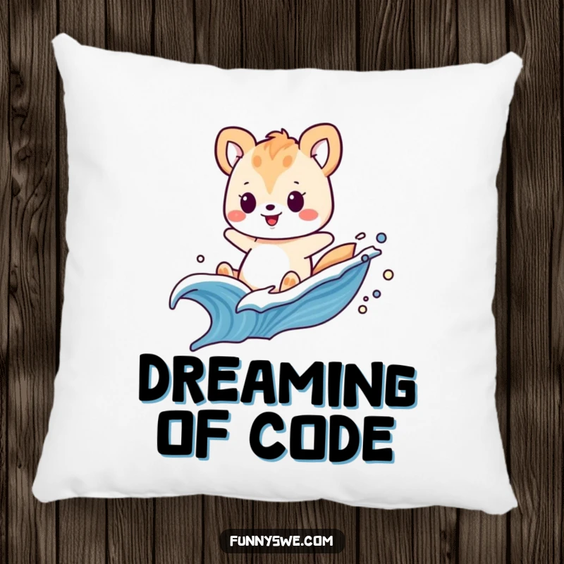 Funny pillow featuring a playful animal surfing a swooshing wave of digital code, a cozy tech gift.