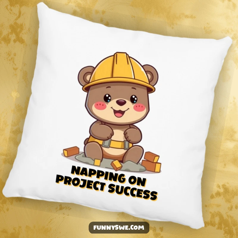 Funny bear character wearing hard hat, building virtual structure, soft pillow, construction humor, cozy home decor.