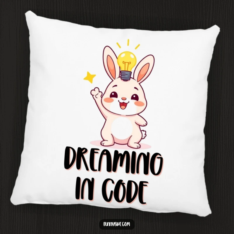 Funny pillow showcasing a happy bunny character glowing with pride beside a lightbulb, celebrating a successful code deployment achievement.