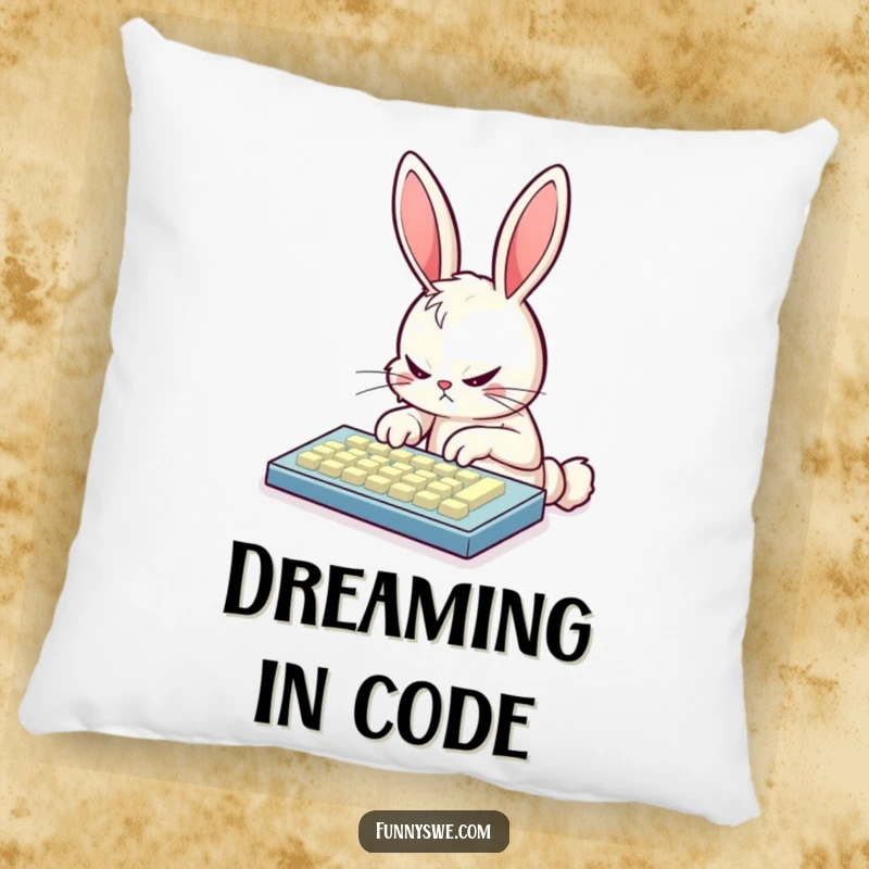 Funny bunny coder pillow depicting a determined bunny furiously typing on a glowing keyboard, perfect for cozy desk decoration.