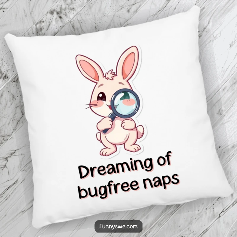 Funny Pillow featuring a bouncing bunny character holding a debugging magnifying glass, offering comfort and playful problem-solving humor.