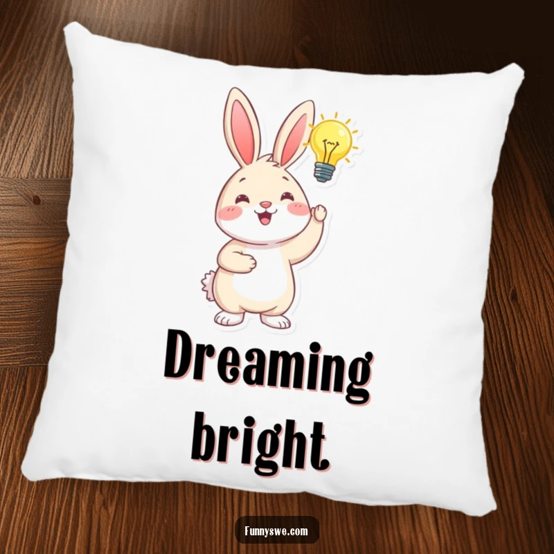 Funny happy bunny holding a glowing lightbulb, representing inspiration, a cozy and humorous decorative pillow.