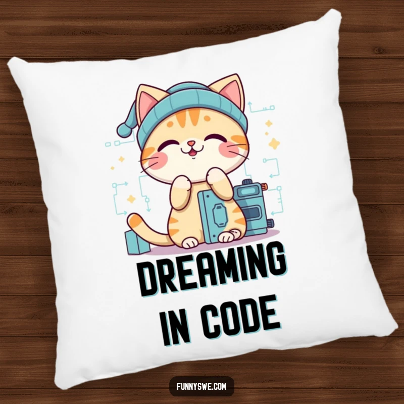 Funny cat programmer pillow, a giggling cat in a beanie, building a digital structure, soft and humorous decor.