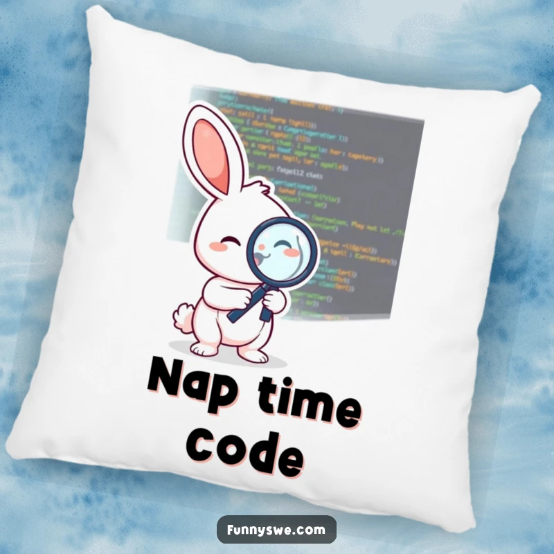Funny pillow showing a cheerful rabbit character examining code with a debugging magnifying glass, offering comfy programming support.