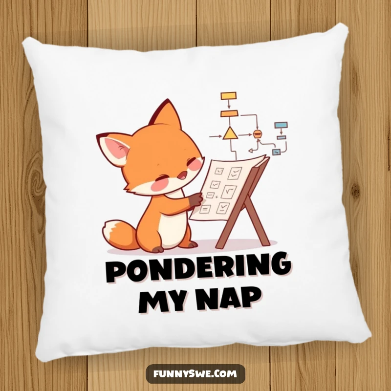 Funny fox pillow design of a curious canine examining a complex flowchart, perfect for cozy, humorous intellectual spaces.