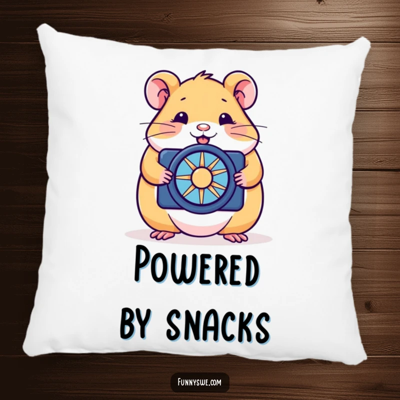 Funny hamster pillow design of a happy rodent optimizing a website with a tiny spinner, perfect for cozy, humorous decor.